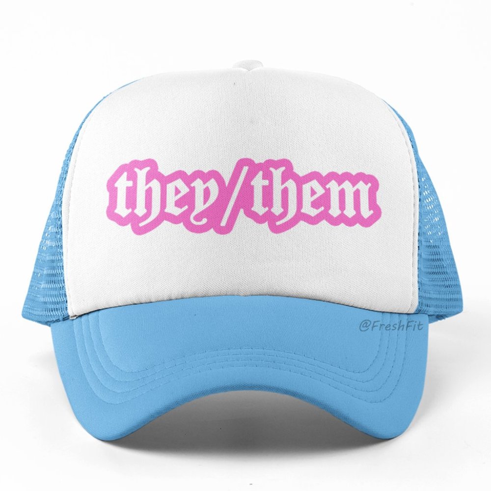 🆕They Them Pronouns Foam Trucker Hat Mesh Snapback Cap Pink on Light Blue/White